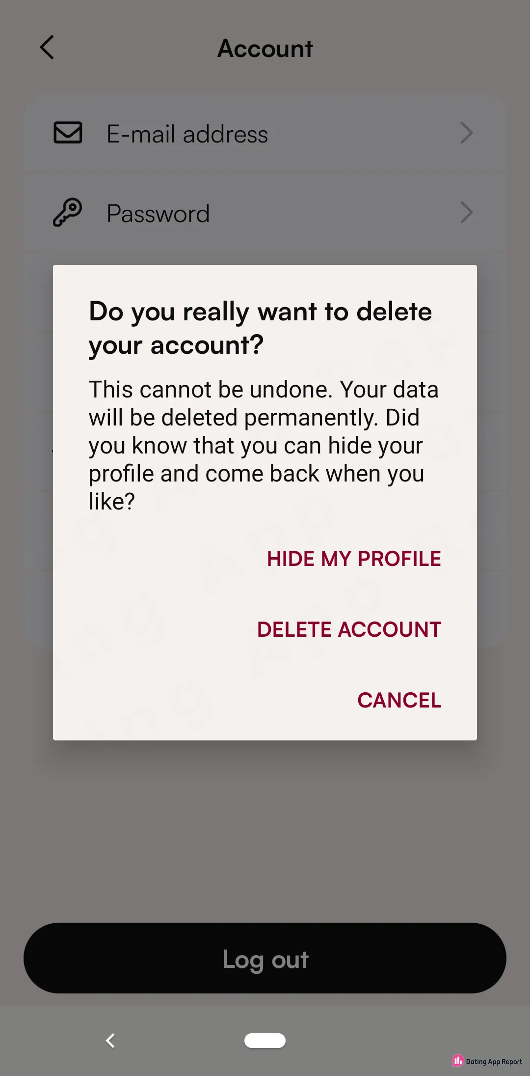 A delete-account prompt warns that deletion is permanent and offers Hide my profile, Delete account or Cancel.
