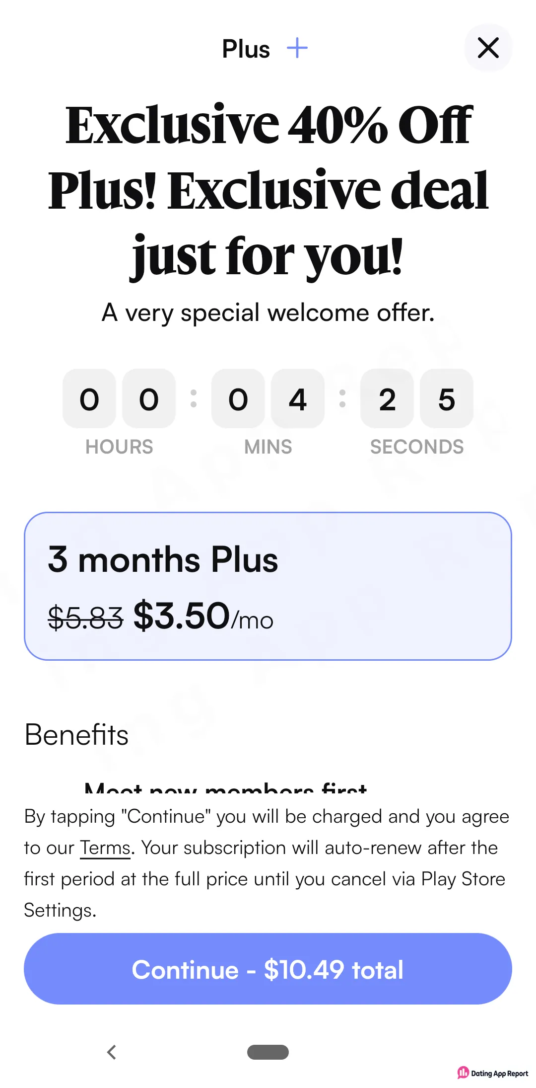 Welcome offer for 3 months of Plus at $3.50/mo, $10.49 total, with a countdown timer and auto-renewal terms.