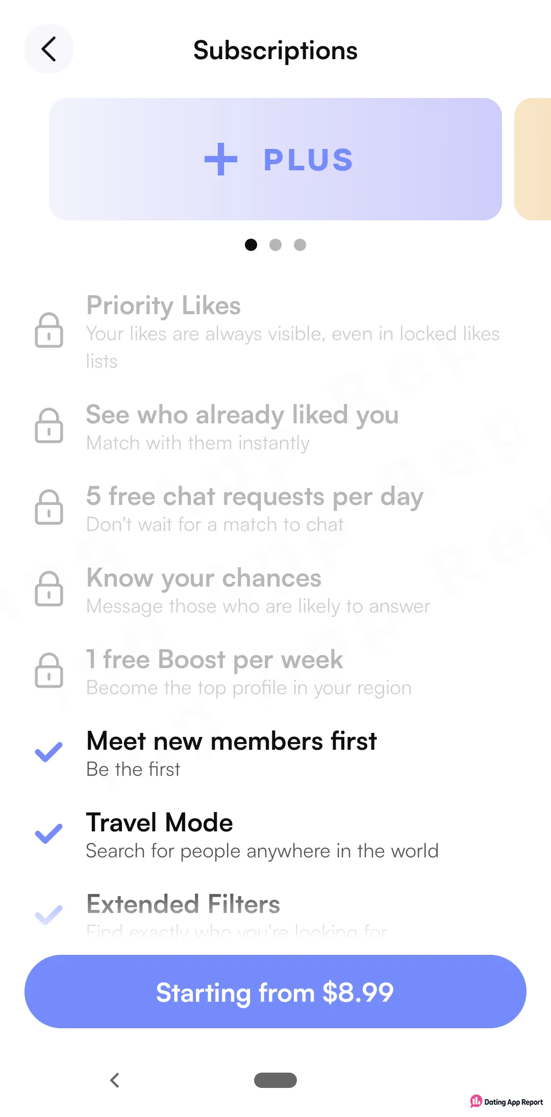 Bloom's PLUS subscription tier starts from $8.99, with seeing likes, chat requests and Boosts shown locked.