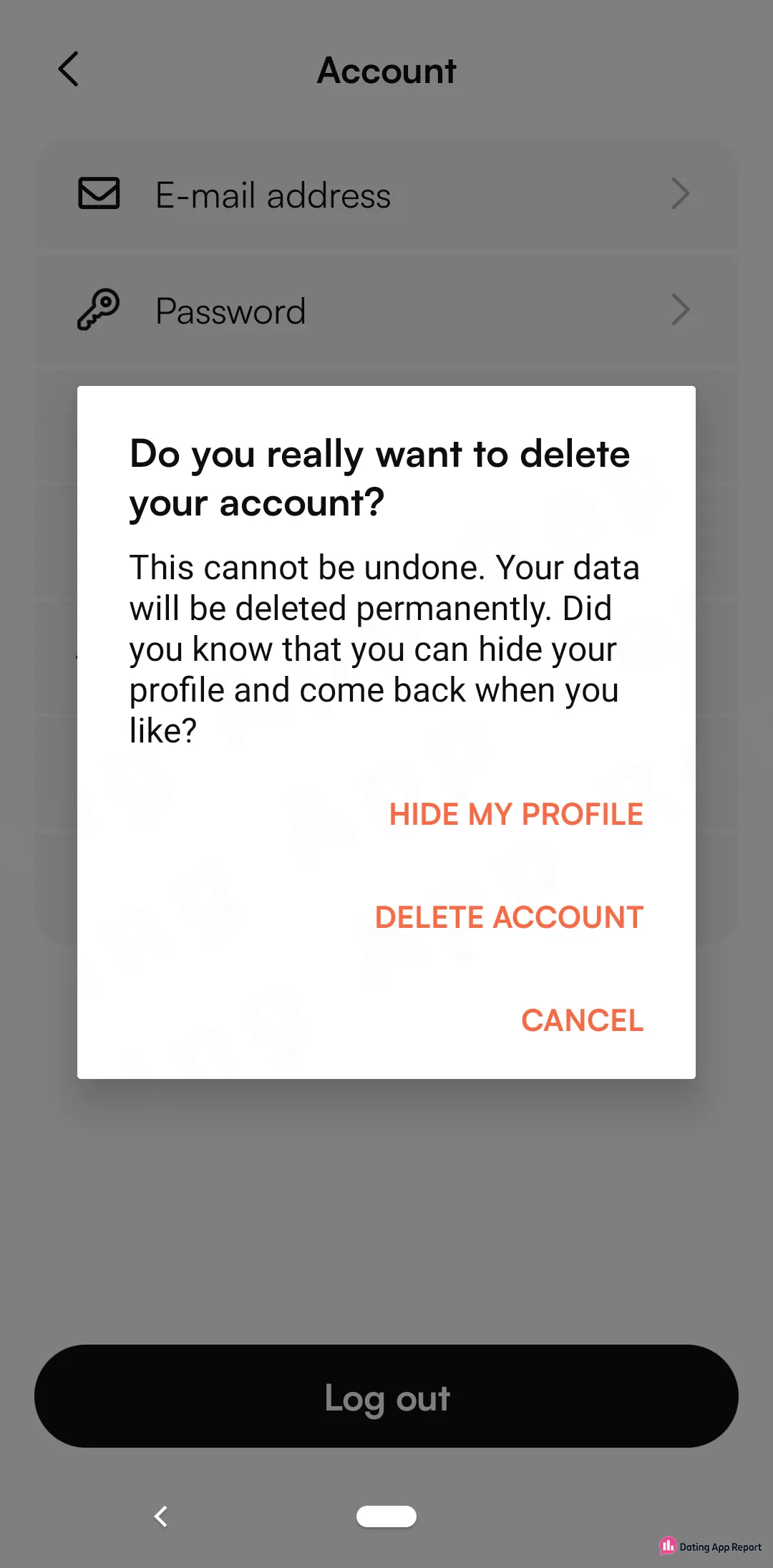 Account page with a delete-account confirmation offering Hide my profile, Delete account, or Cancel.