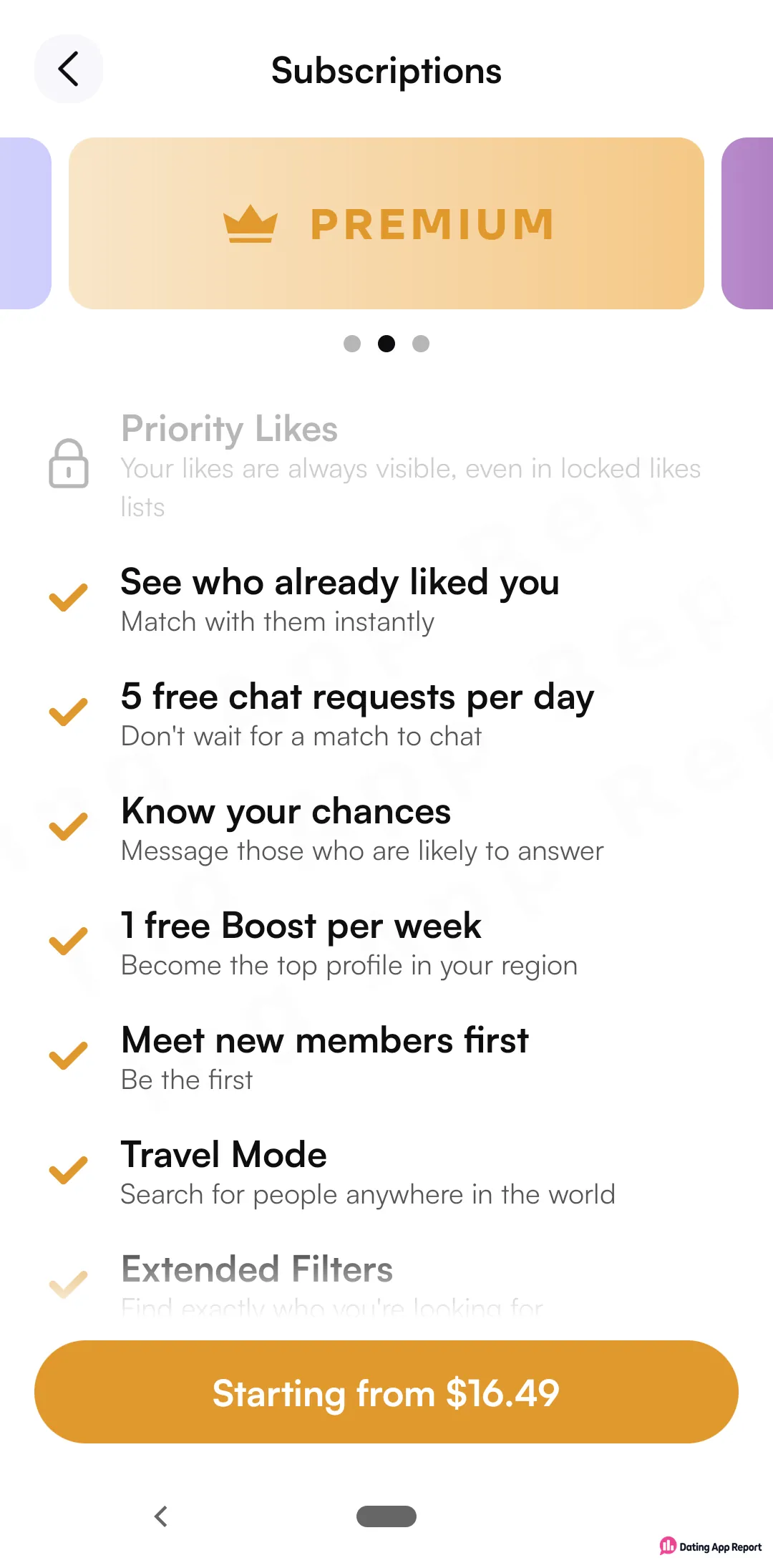 Bloom's PREMIUM subscription card lists liked-you access, 5 chat requests daily, weekly Boost, starting from $16.49.