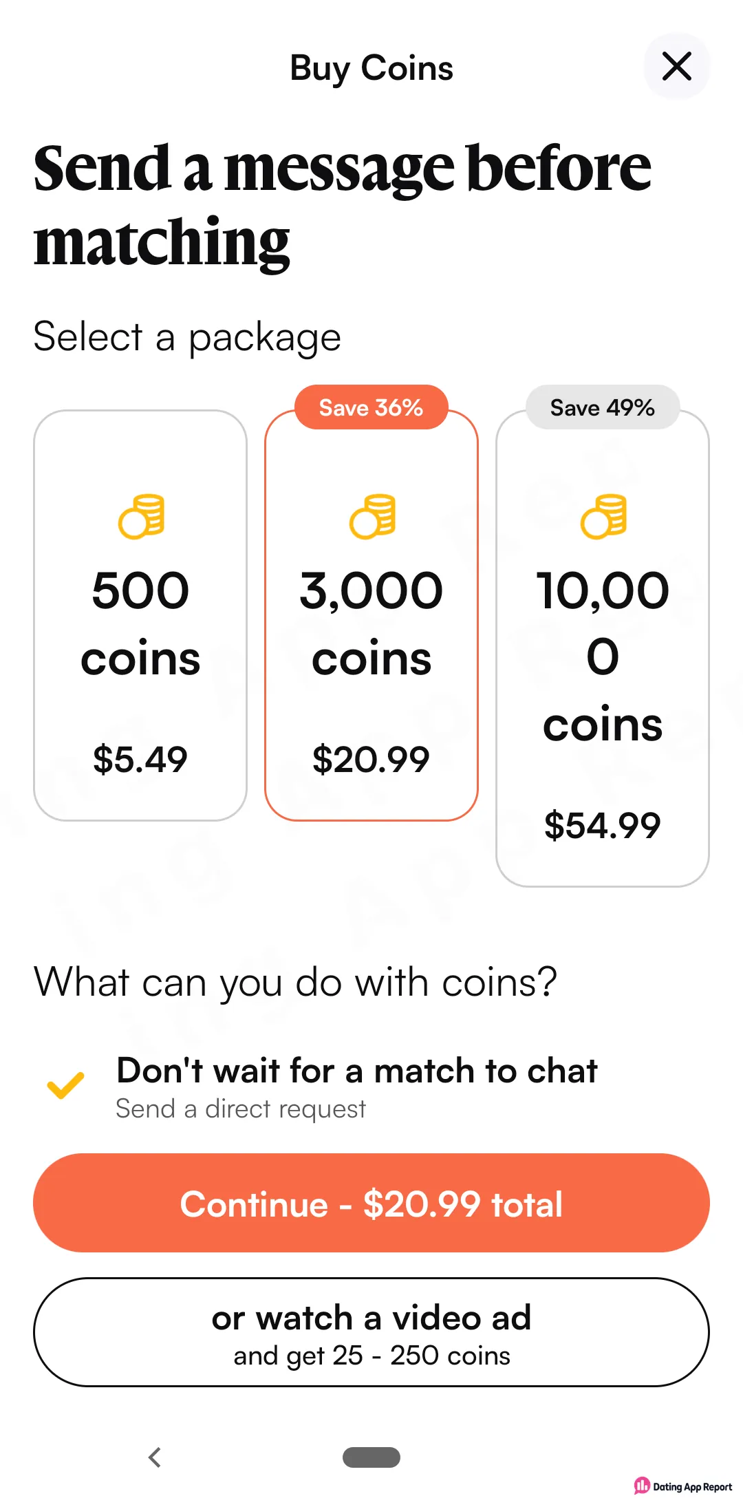 Bloom's Buy Coins screen offers 500, 3,000 or 10,000 coins to message people before matching, from $5.49.