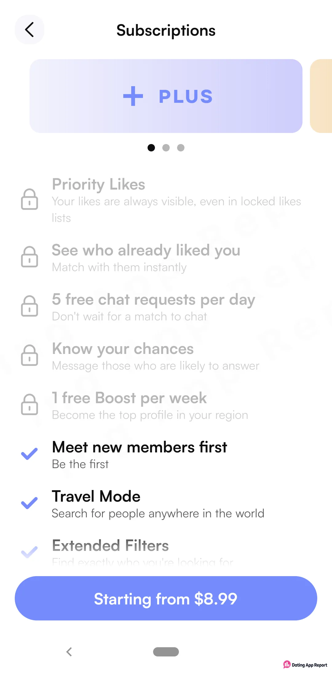 Lovely's Subscriptions page lists PLUS tier features and a "Starting from $8.99" button, with two more tiers to swipe through.