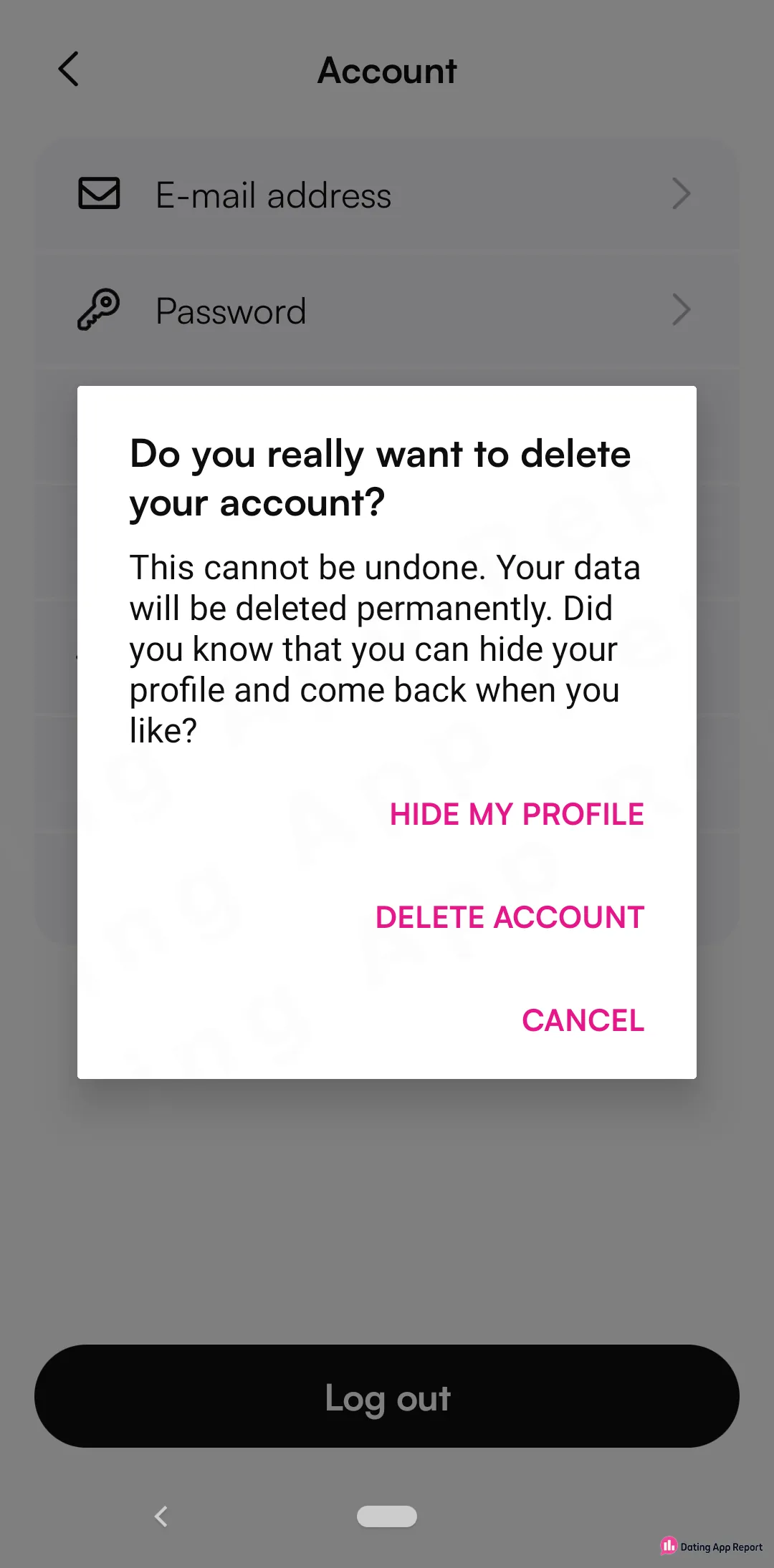 Delete-account prompt warns data is permanently deleted and offers Hide my profile, Delete account or Cancel.