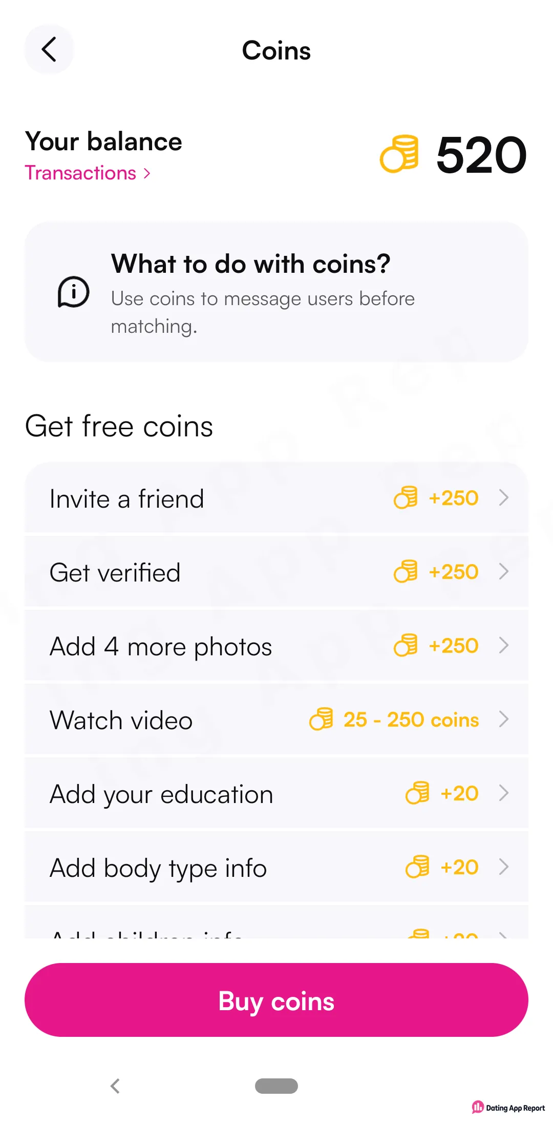 Coins screen shows a 520-coin balance, says coins let you message before matching, and lists free-coin tasks.