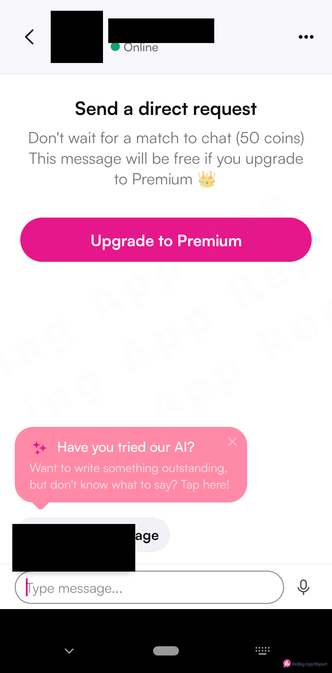 A "Send a direct request" screen says messaging before a match costs 50 coins, or is free with Premium.