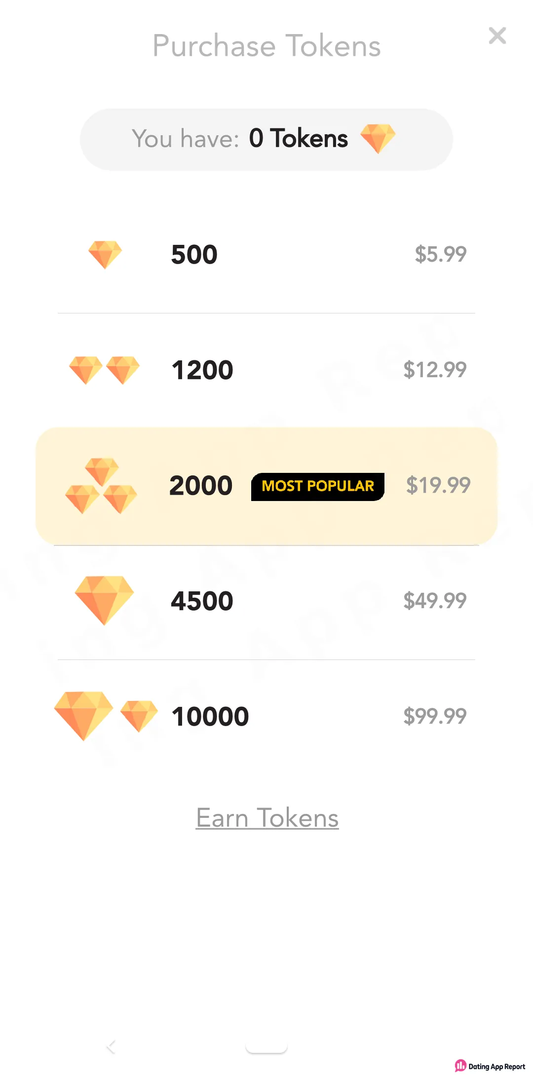Chatspin's Purchase Tokens screen sells five token packs from 500 for $5.99 to 10,000 for $99.99.