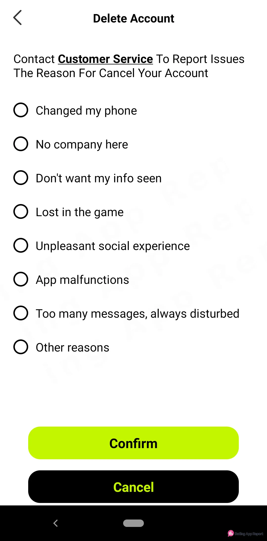 BIBO's Delete Account screen asks you to pick a reason, like "Don't want my info seen," then Confirm or Cancel.