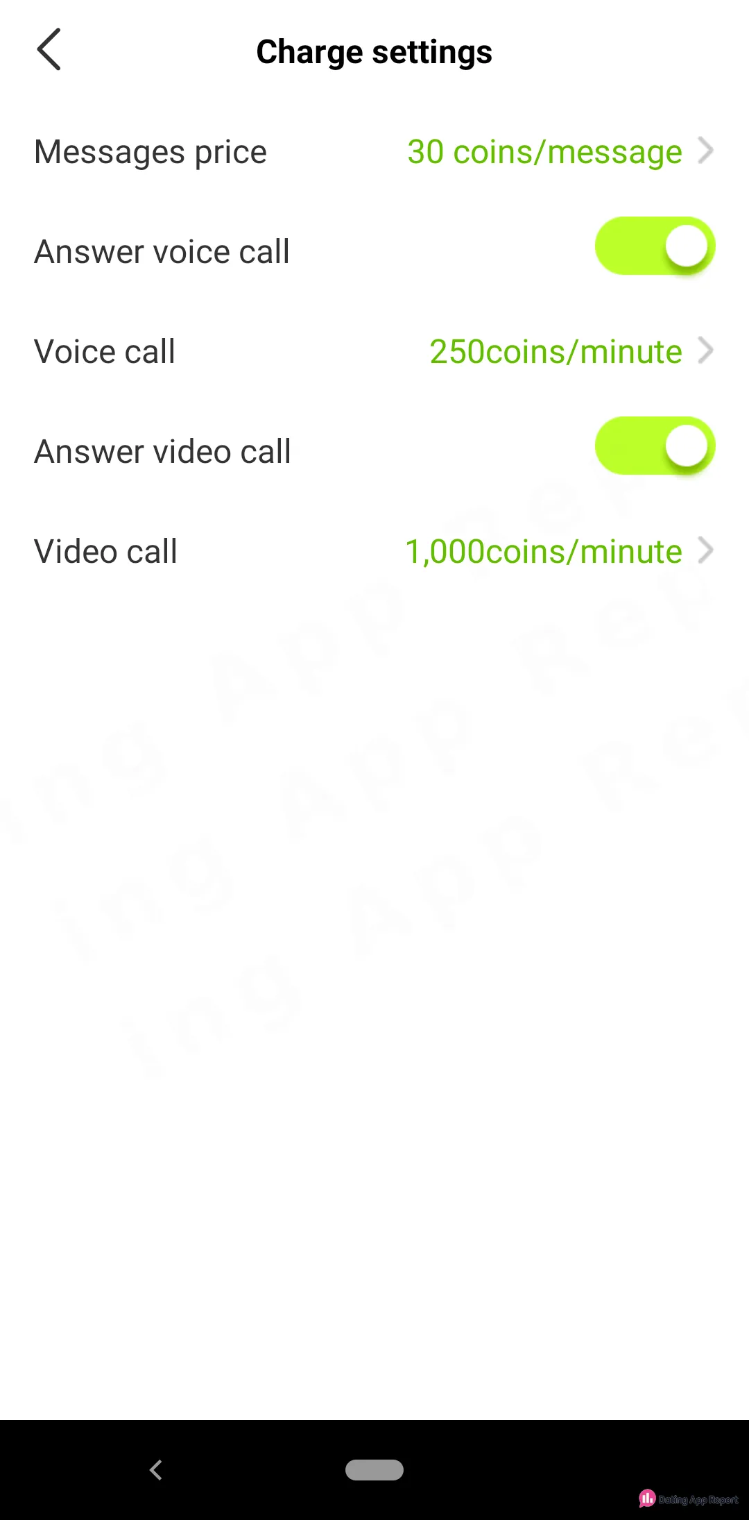 BIBO's Charge settings list 30 coins per message, 250 coins per voice-call minute and 1,000 coins per video-call minute.