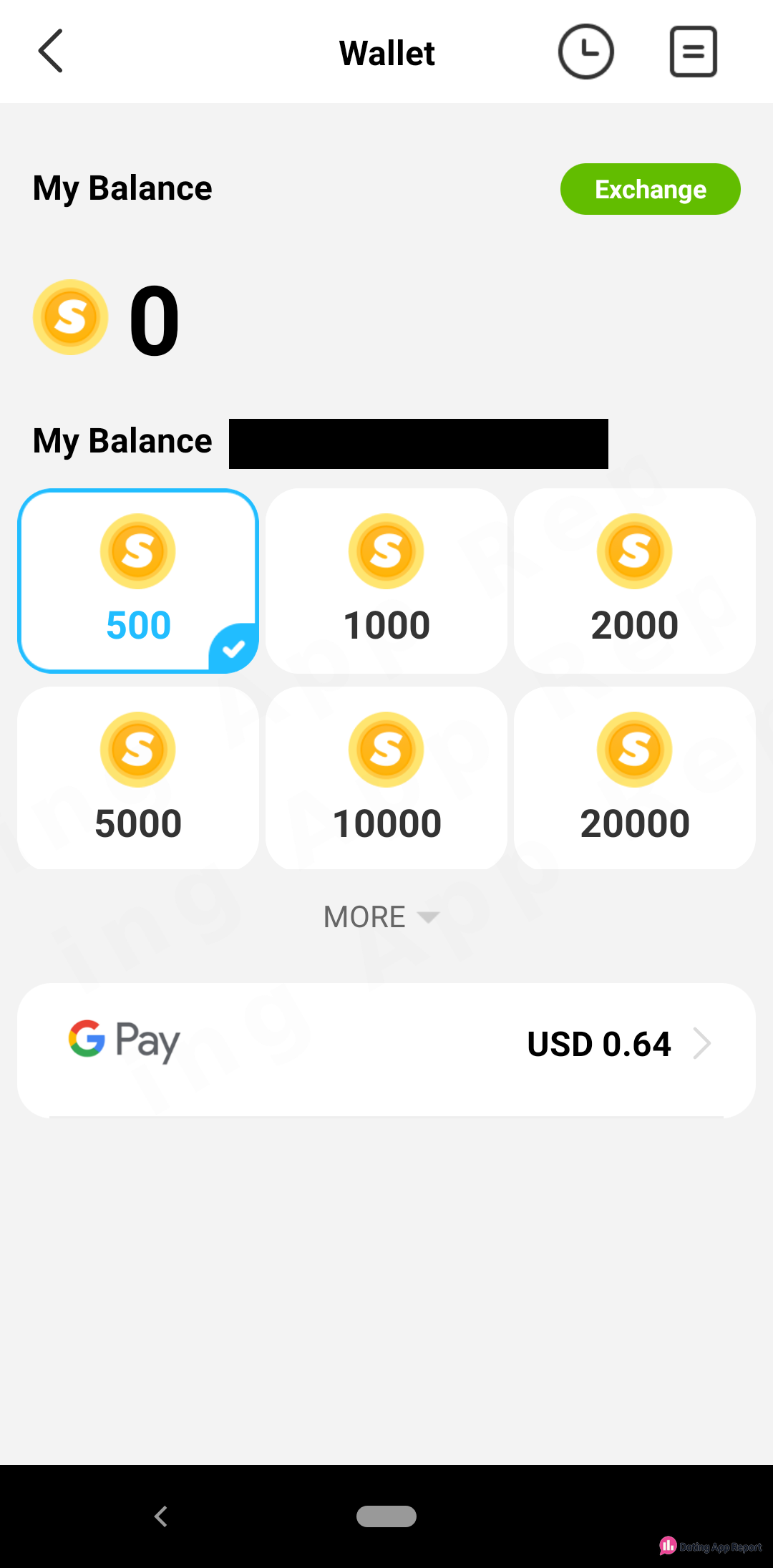BIBO Wallet shows zero coins, packs from 500 to 20,000, and 500 coins preselected at $0.64 via Google Pay.