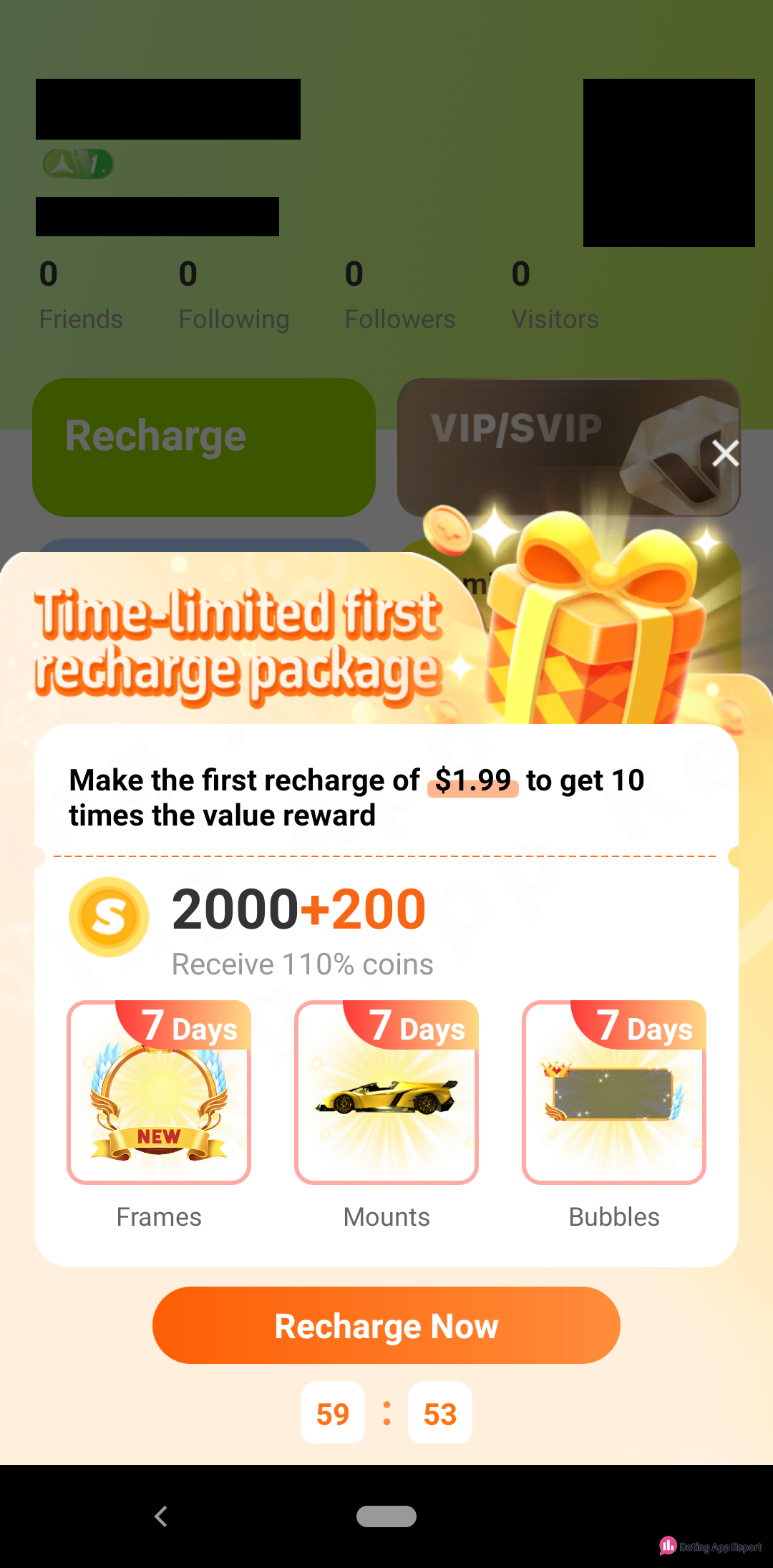 A "Time-limited first recharge package" pop-up offers 2,000+200 coins and 7-day extras for $1.99, with a countdown timer.