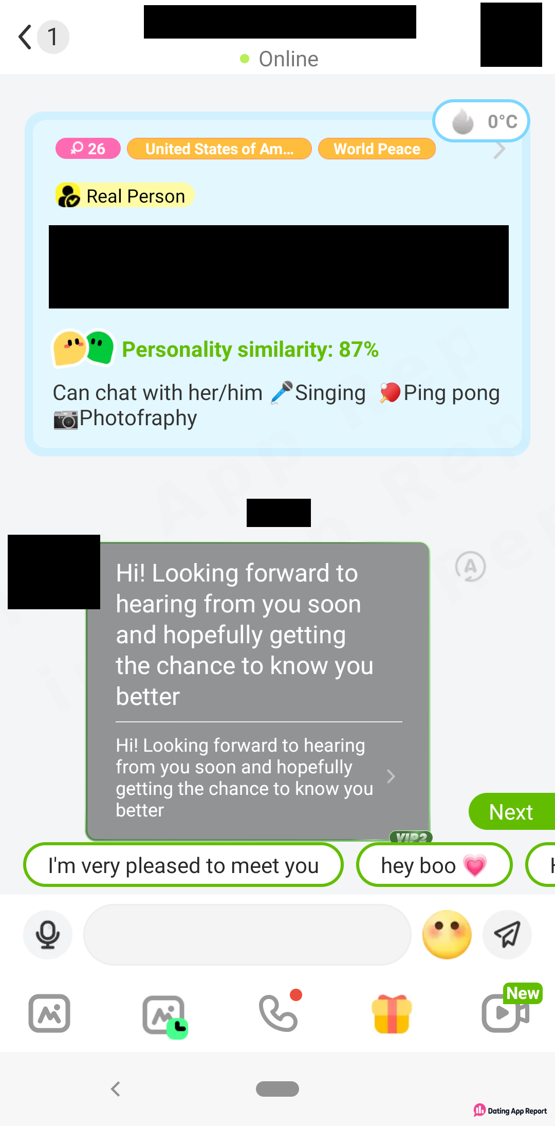 A received chat opens fully, showing the sender's profile card, full message, and suggested quick replies.
