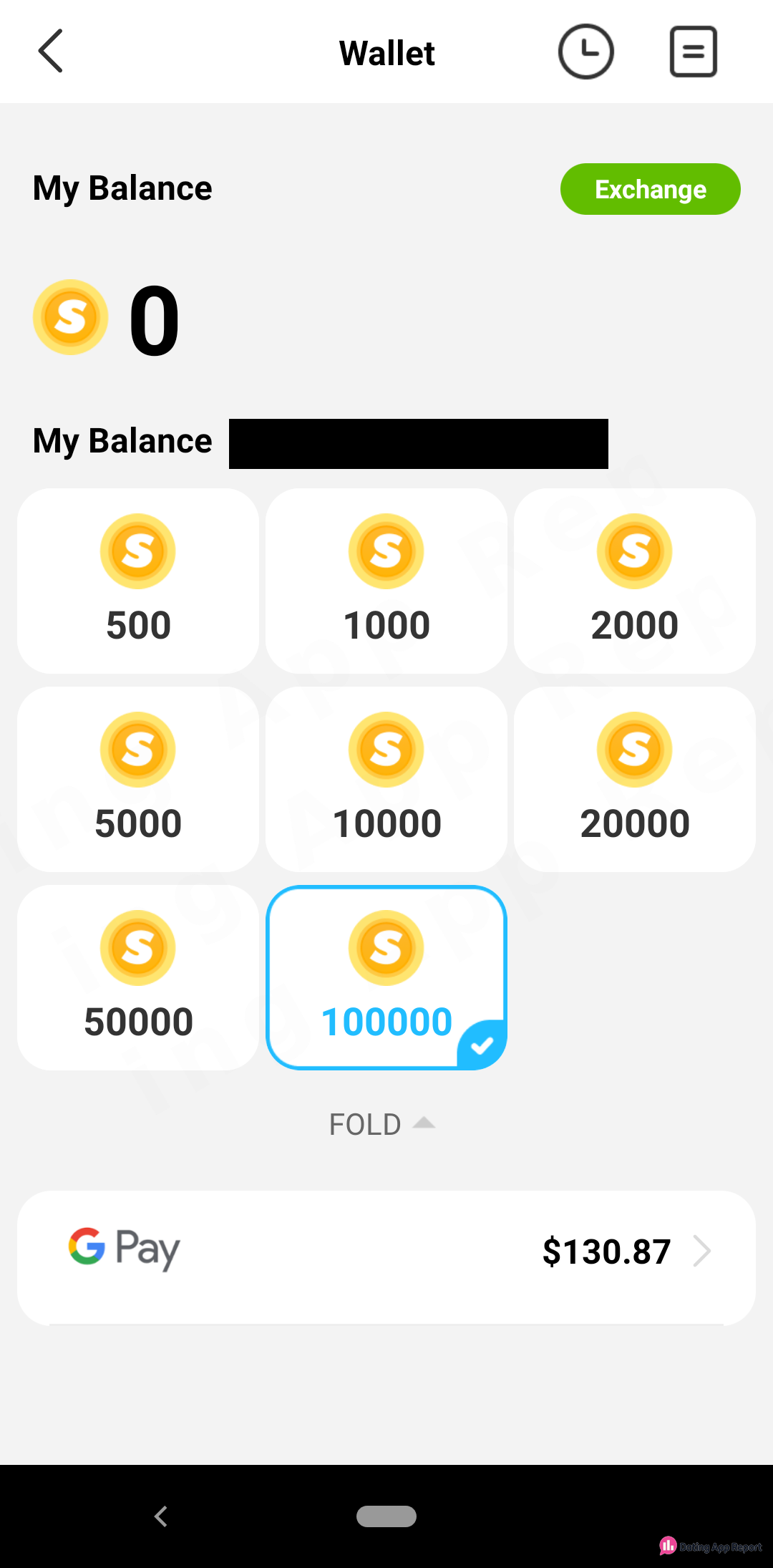 BIBO Wallet with a 0-coin balance, eight coin packs, and the 100,000-coin pack costing $130.87 through Google Pay.