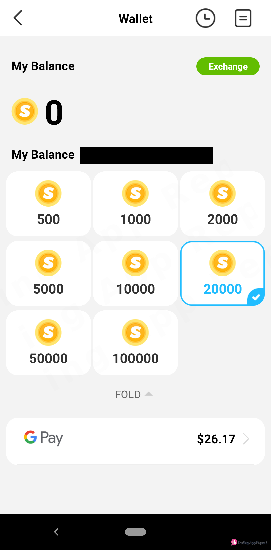 BIBO Wallet with a zero coin balance, eight coin packs, and 20,000 coins selected for $26.17 via Google Pay.