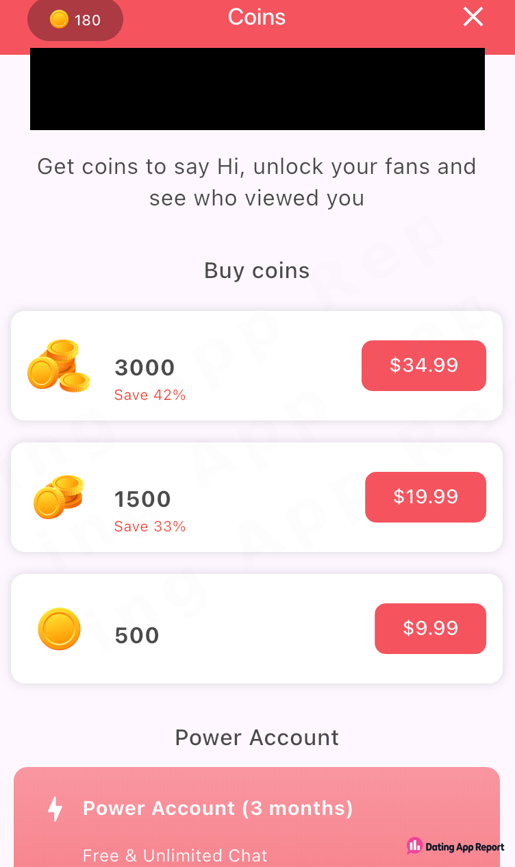 Coins store offering 500, 1500 or 3000 coins for $9.99 to $34.99, plus Power Account.