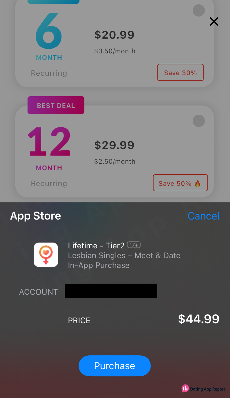 App Store sheet listing Lifetime - Tier2 as a $44.99 in-app purchase.