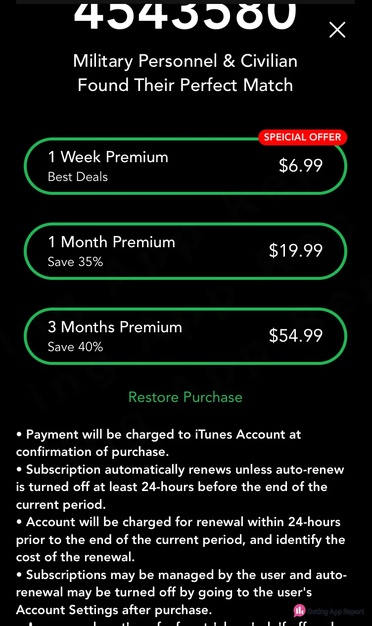 Premium plans cost $6.99 per week, $19.99 per month, or $54.99 for three months, with auto-renewal terms listed.