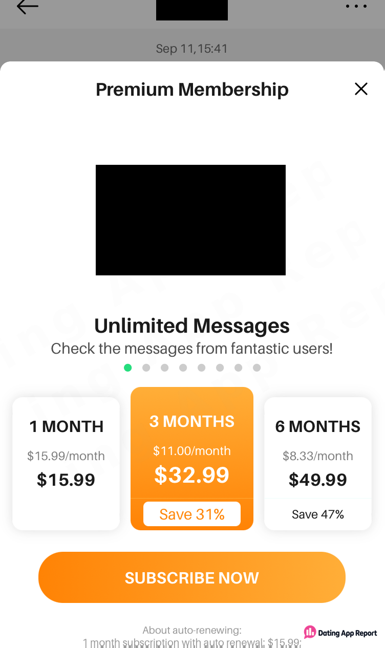 Premium Membership pop-up over a chat promoting Unlimited Messages, with 1-month $15.99, 3-month $32.99, and 6-month $49.99 plans.