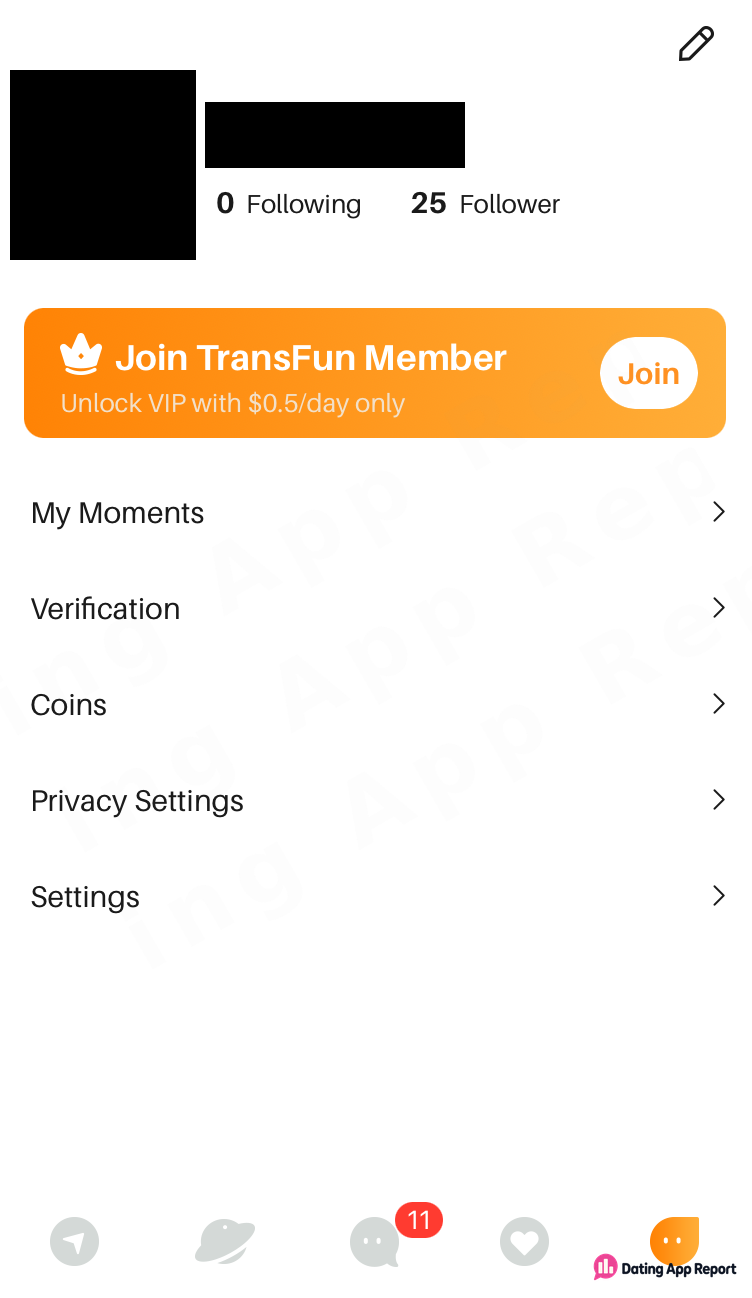 Profile tab showing 25 followers, an 11-message inbox badge, a VIP offer at $0.5/day, and a redacted photo and name.