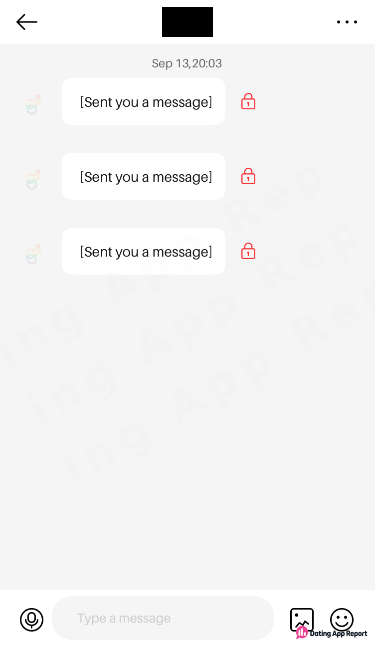 Chat thread with three incoming "[Sent you a message]" bubbles, each with a red lock icon; sender name redacted.