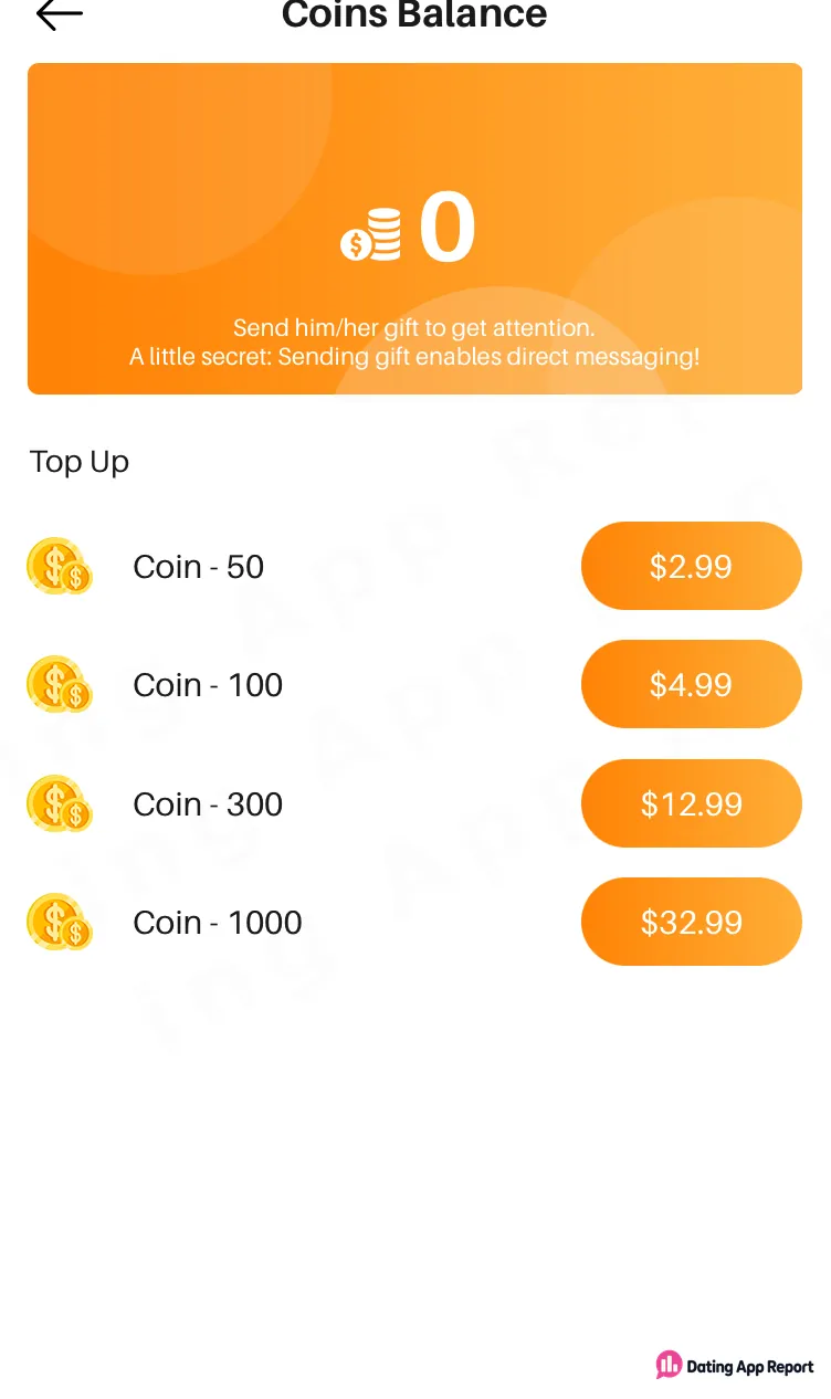 Coins Balance screen showing zero coins and four top-up packs from 50 coins for $2.99 to 1000 coins for $32.99.