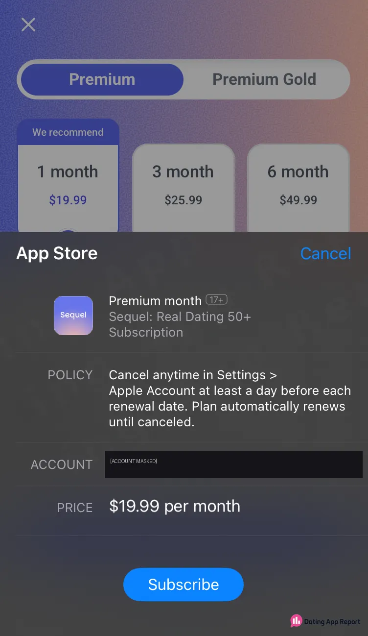App Store purchase sheet for Sequel Premium month at $19.99 per month, auto-renewing until canceled; account redacted.