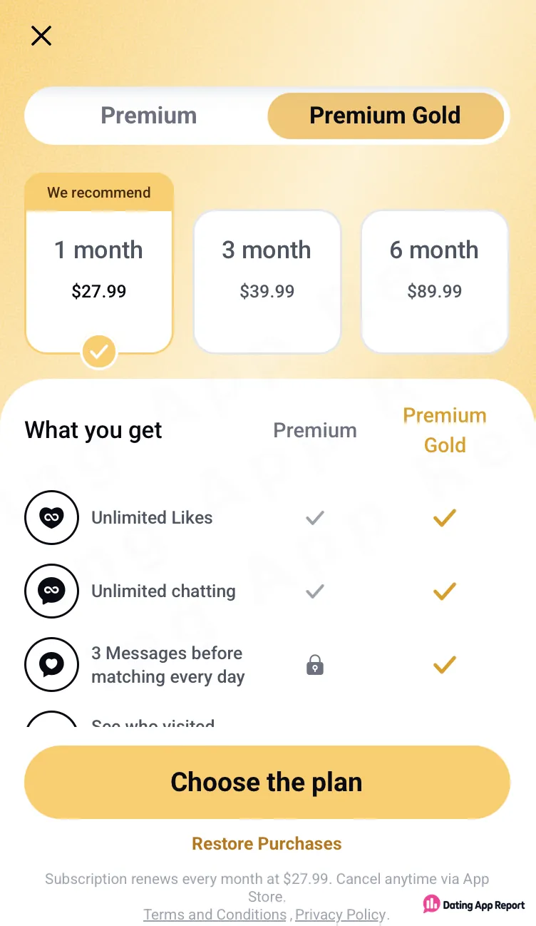 Premium Gold options are listed at $27.99 for 1 month, $39.99 for 3 months, and $89.99 for 6 months.