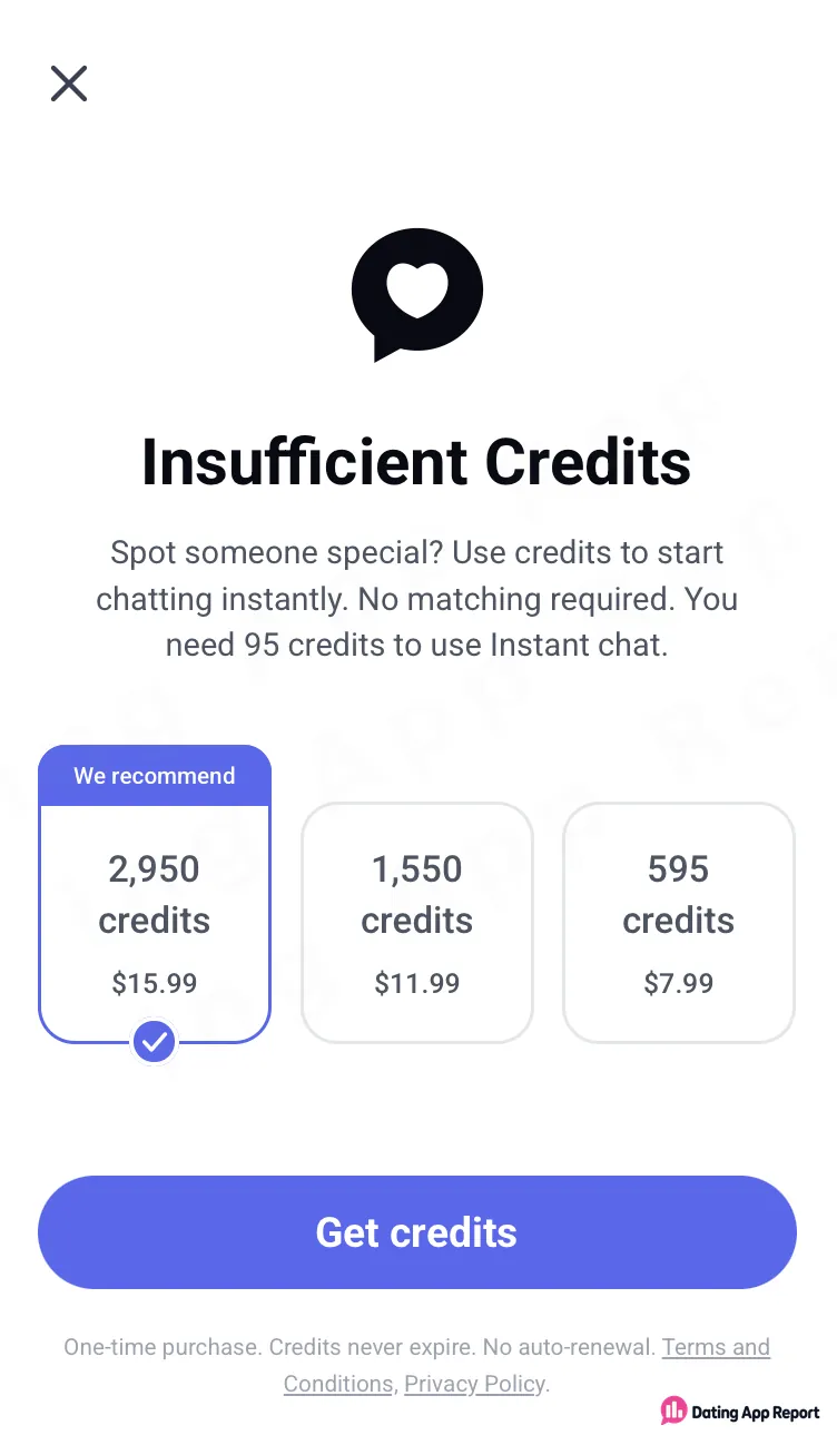 Credit packs are priced at $15.99 for 2,950 credits, $11.99 for 1,550, and $7.99 for 595.