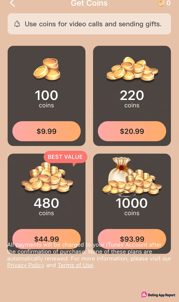 Coin packs from 100 coins for $9.99 to 1000 coins for $93.99; the page says none renew automatically.