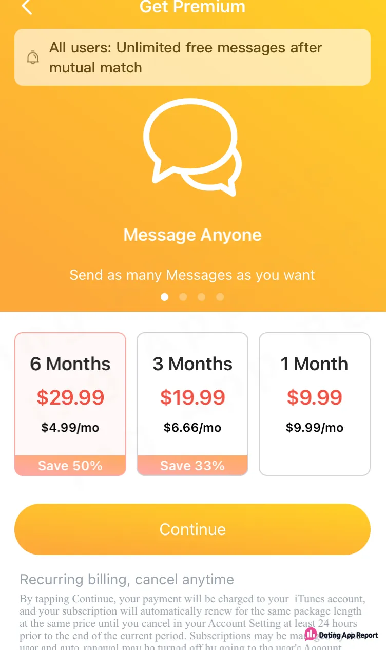 Premium plans are shown at $9.99 for one month, $19.99 for three months, and $29.99 for six months.
