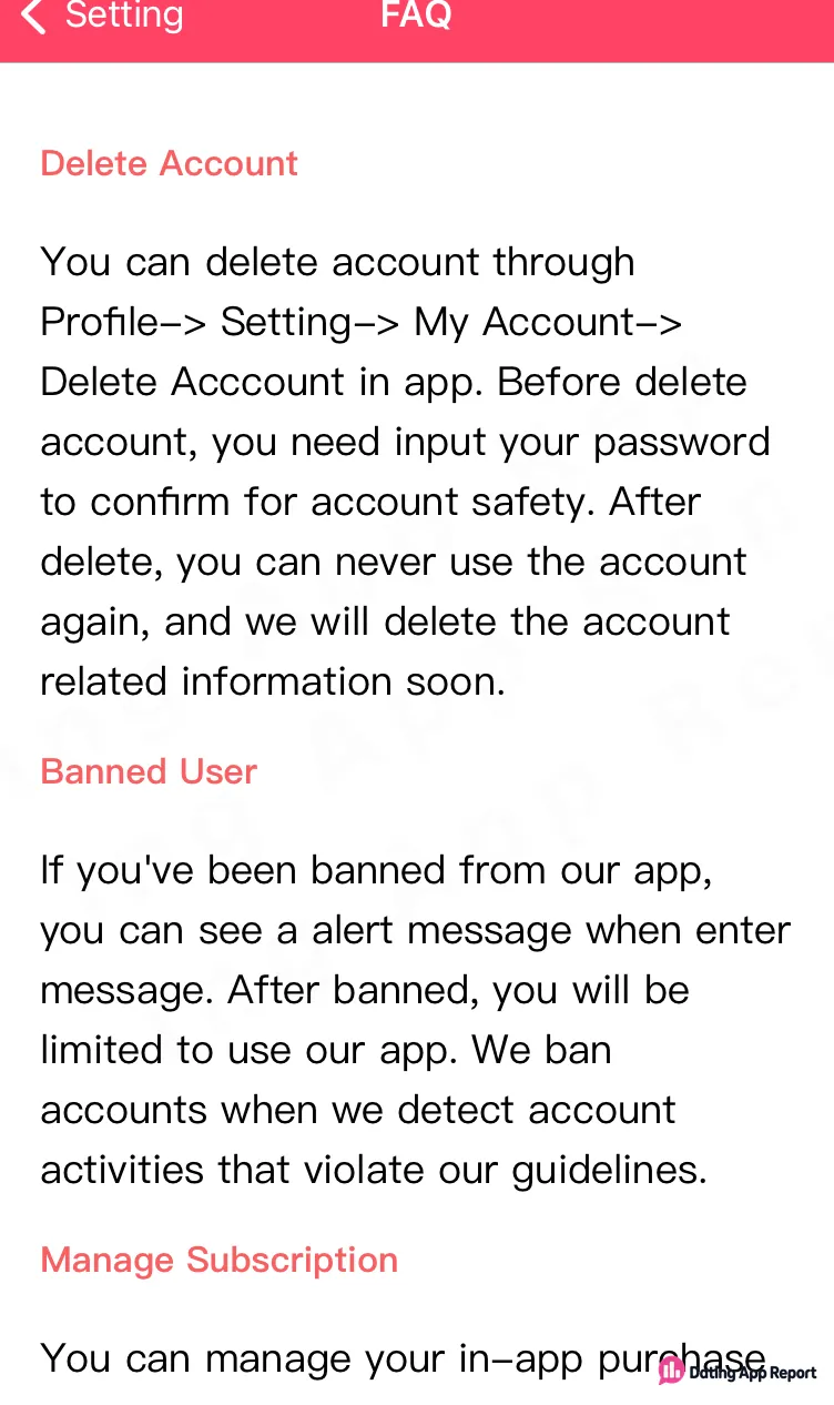 The FAQ gives the path Profile → Setting → My Account → Delete Account.