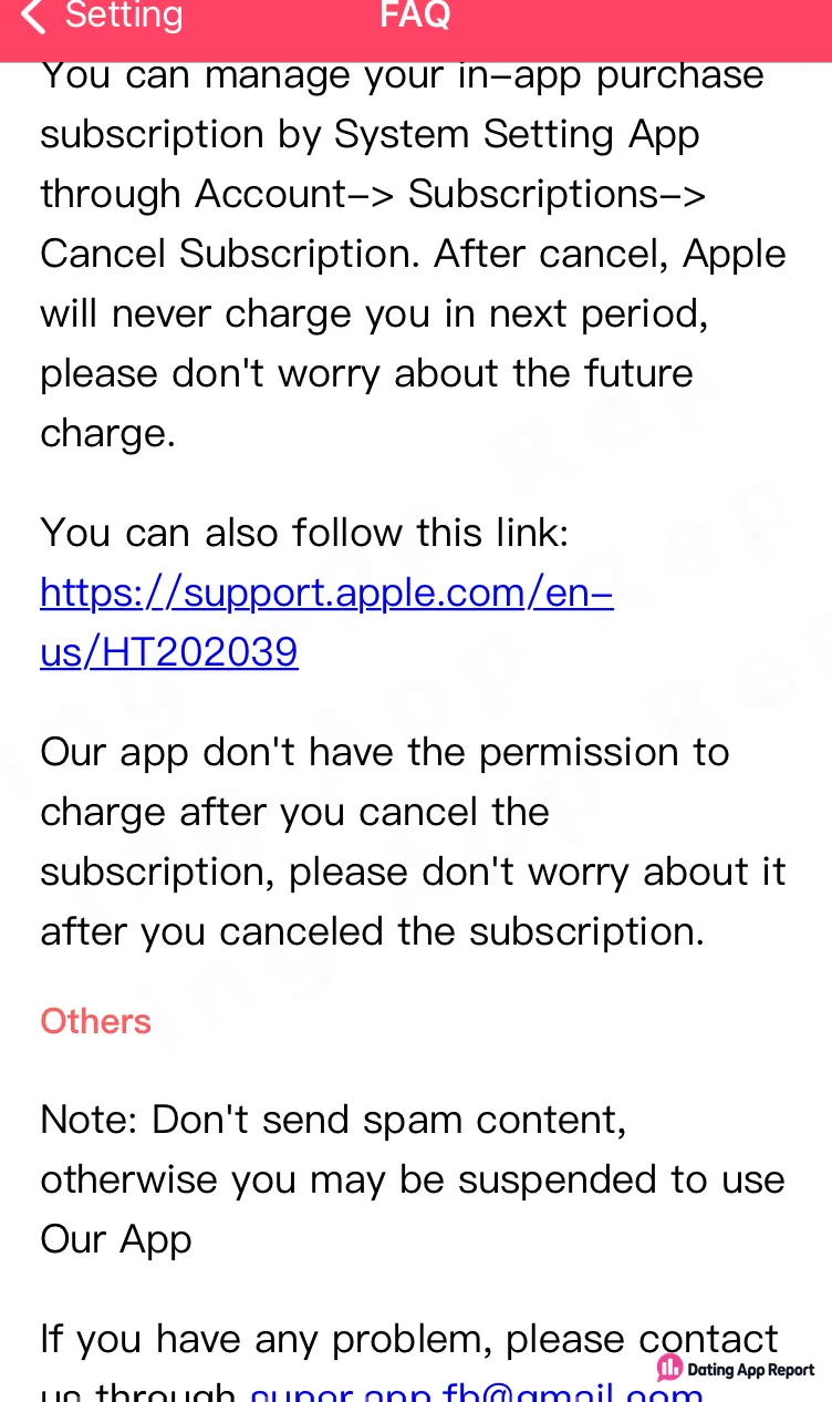 FAQ says to cancel the subscription in the phone's Settings under Account, then Subscriptions, and links to Apple support.