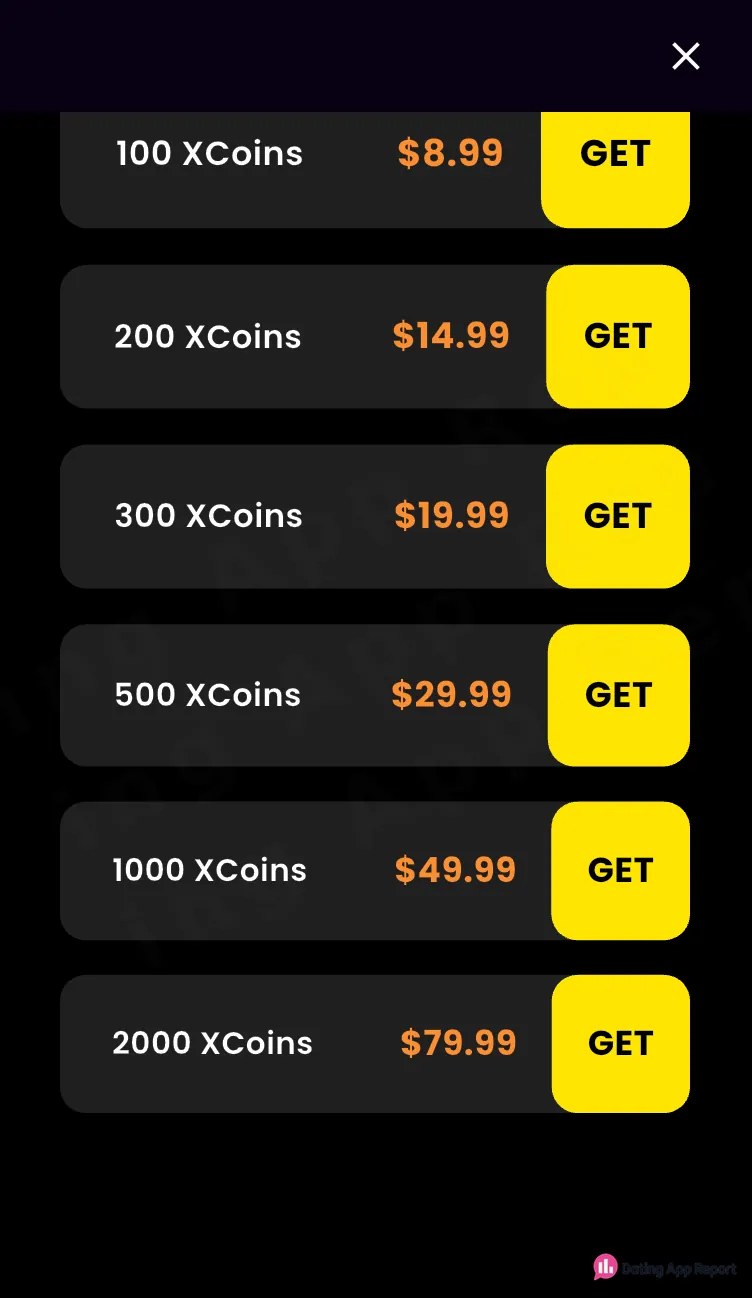 XCoins shop showing six pack sizes and prices from $8.99 to $79.99.