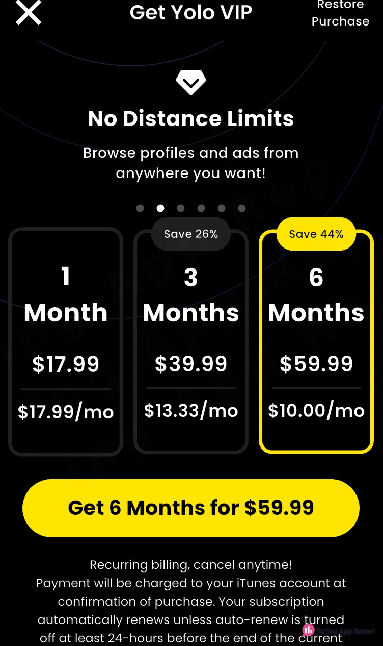 Yolo VIP plans: 1 month $17.99, 3 months $39.99, 6 months $59.99, with auto-renewal.