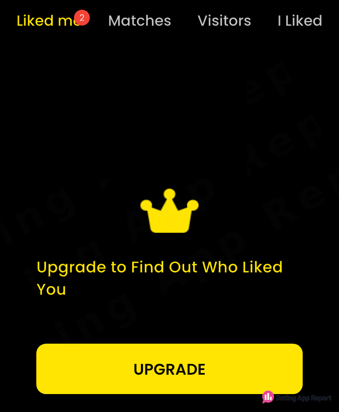 An upgrade prompt says “Upgrade to Find Out Who Liked You.”