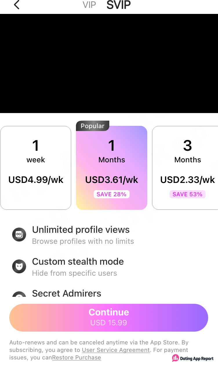 SVIP weekly prices: 1 week USD4.99, 1 month USD3.61, 3 months USD2.33; Continue button shows USD 15.99.