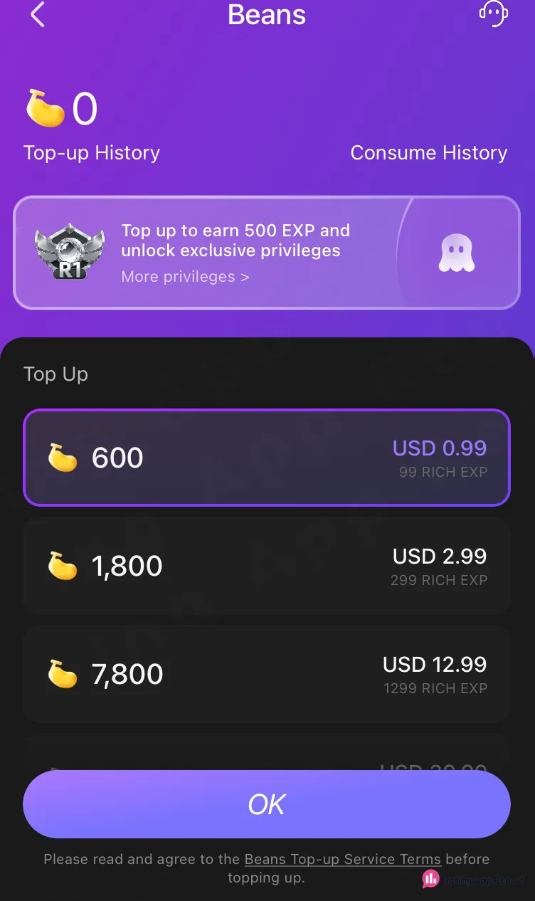 Beans top-up packages showing 600 for USD 0.99, 1,800 for USD 2.99, and 7,800 for USD 12.99.