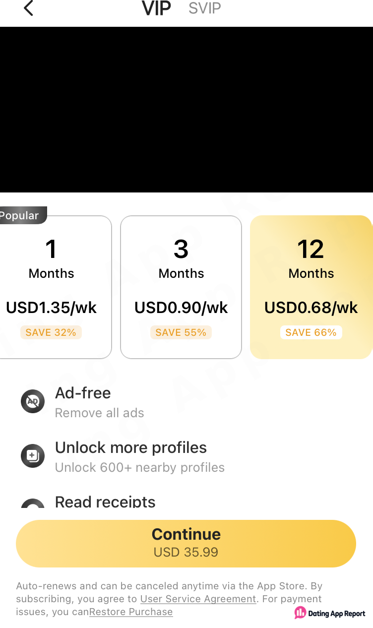HeeSay VIP plans shown as weekly prices; 12-month plan selected, with USD 35.99 total on the Continue button.