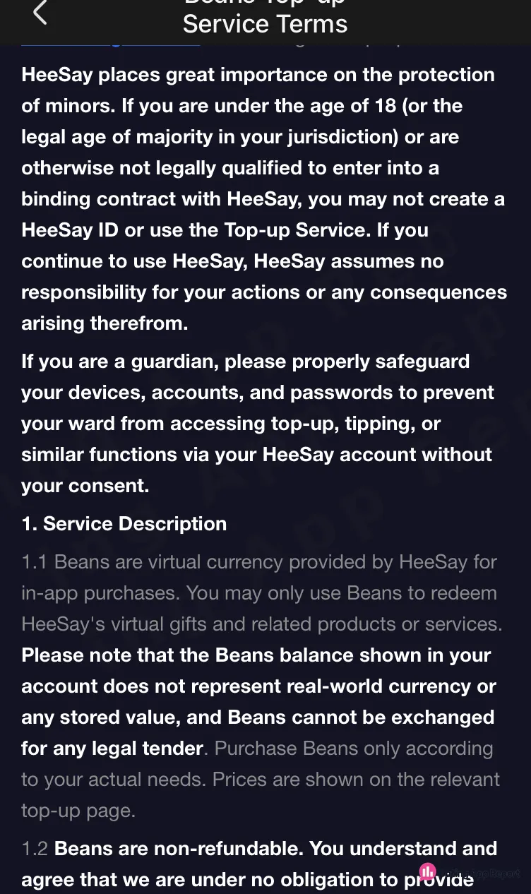 Beans terms describing the currency as usable for in-app purchases and not exchangeable for legal tender.