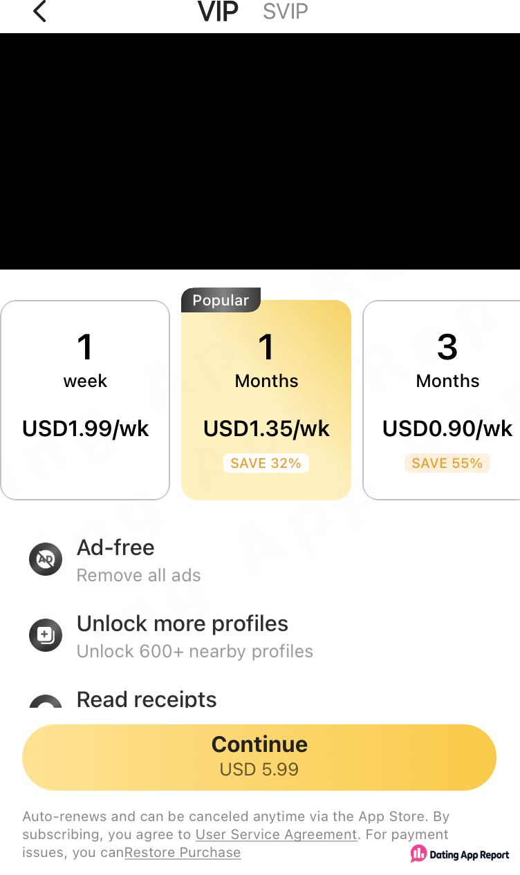 HeeSay VIP plans as weekly rates: 1 week USD1.99, 1 month USD1.35, 3 months USD0.90; Continue shows USD 5.99.