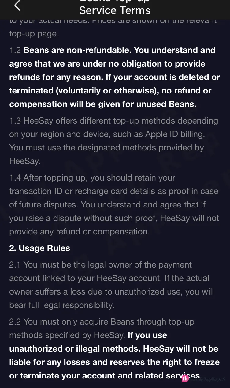Beans top-up terms: Beans are non-refundable, and unused Beans are forfeited without compensation if the account is deleted or terminated.