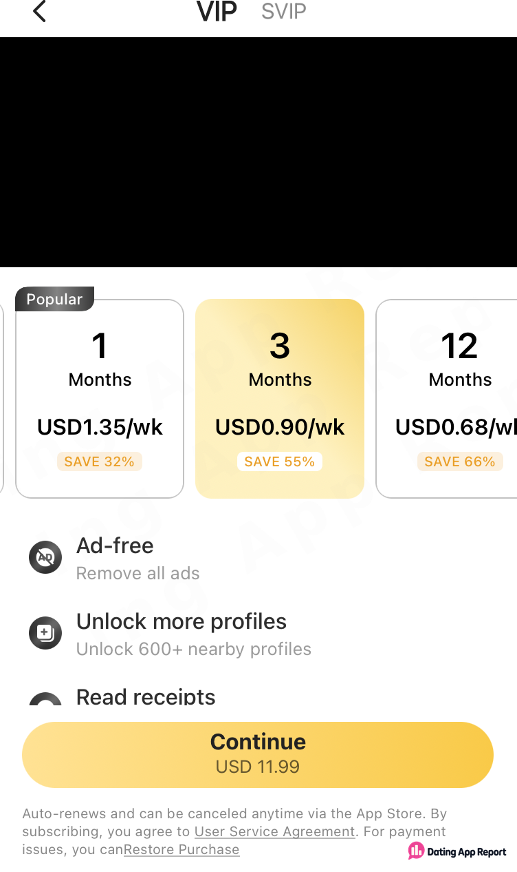 HeeSay VIP plans shown as weekly prices; the selected 3-month plan totals USD 11.99, auto-renewing.