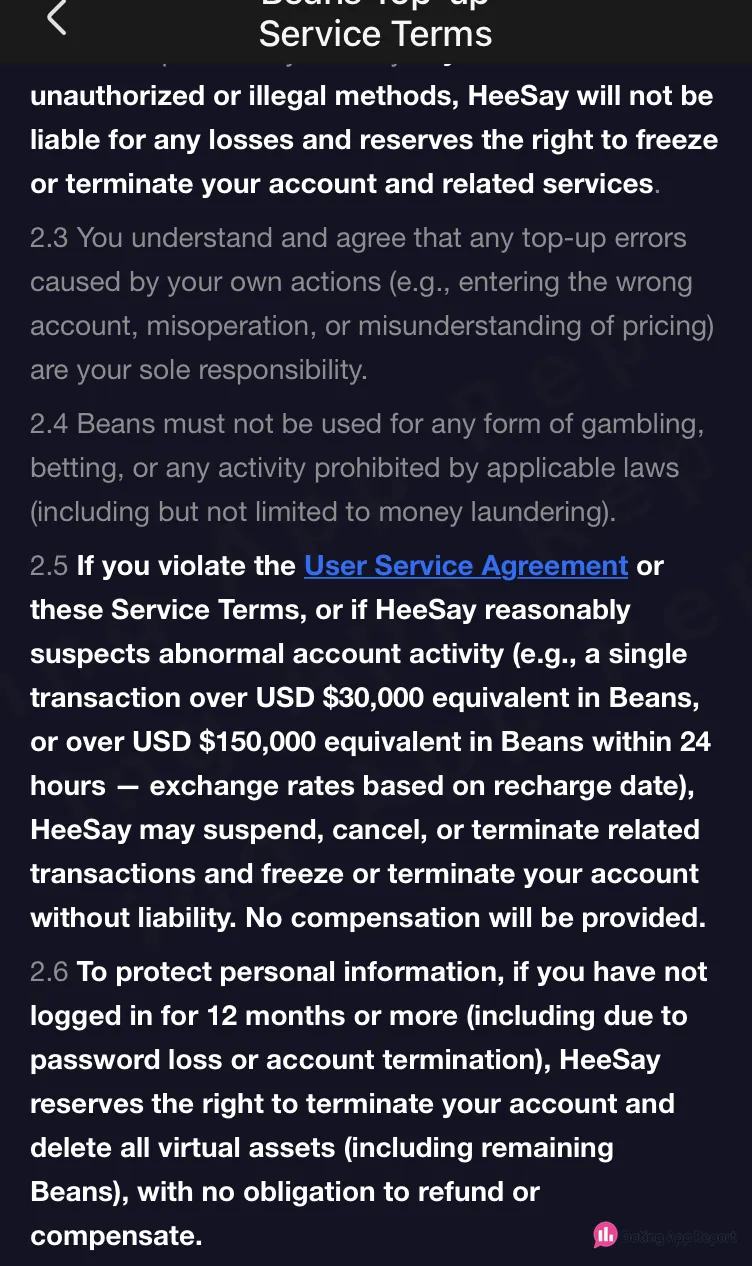 Beans top-up terms: accounts inactive 12 months may be closed and remaining Beans deleted without refund.