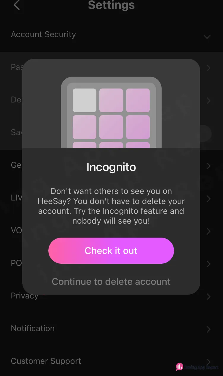 An Incognito offer appears before the option to continue deleting the account.