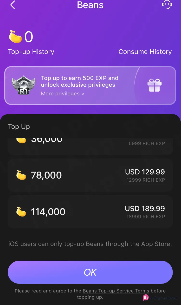 The Beans top-up screen lists 78,000 Beans at USD 129.99.