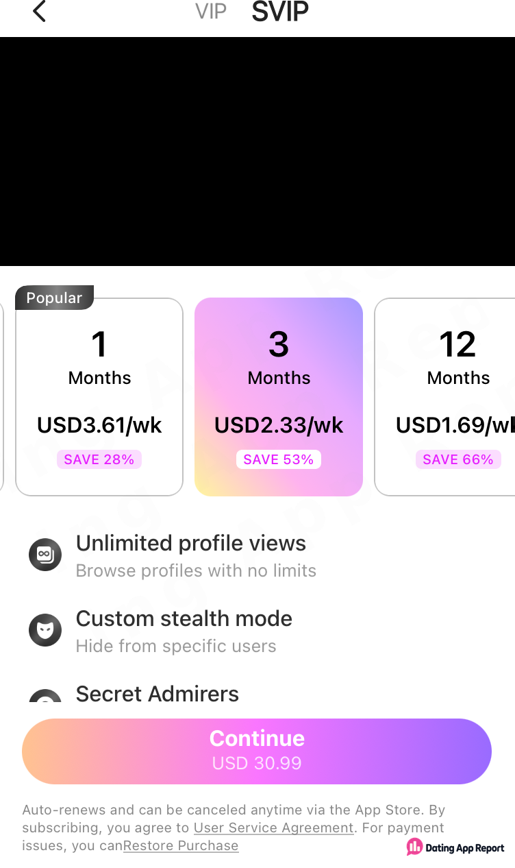 SVIP plans: 1, 3 or 12 months priced weekly; 3-month plan selected, Continue button shows USD 30.99 total.