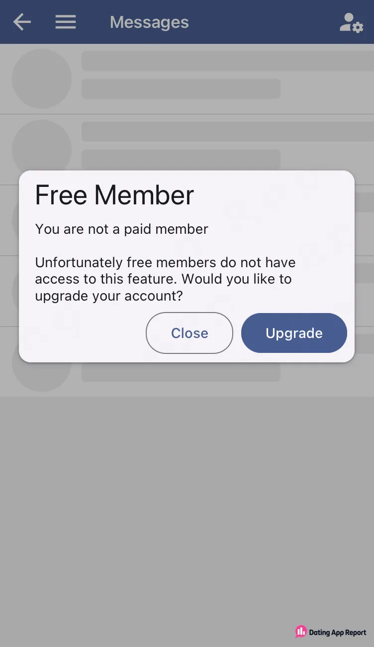 Messages screen with a prompt stating that free members do not have access.