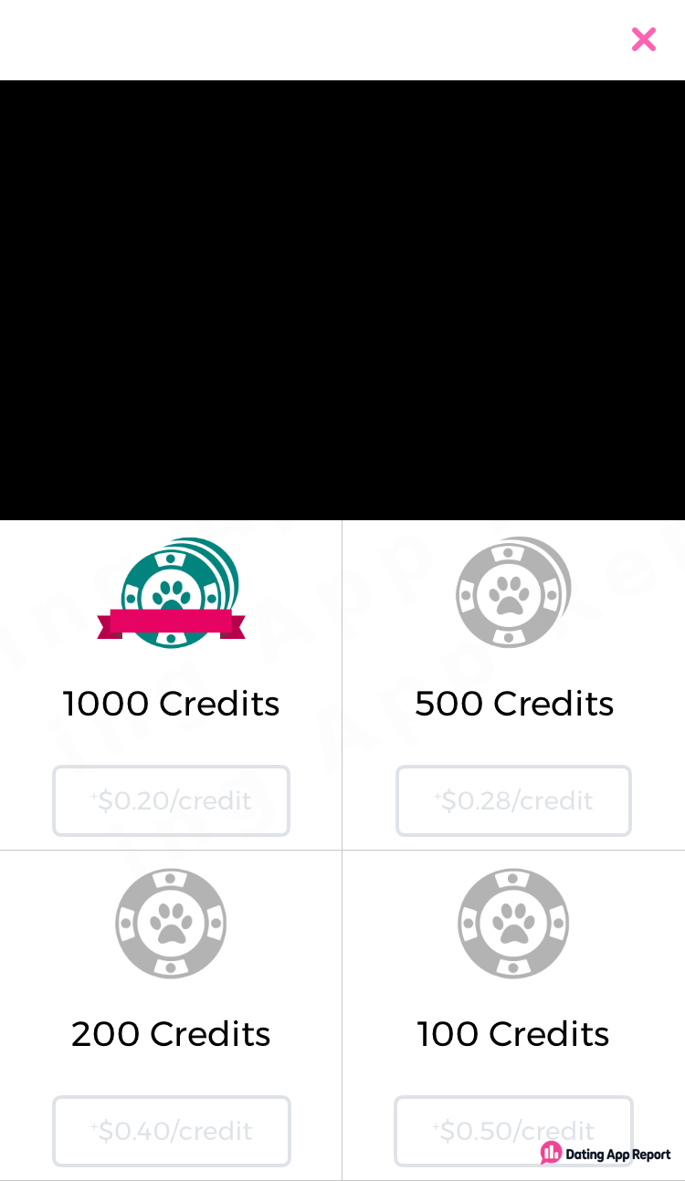 Credit packs cost $0.20 per credit for 1,000, $0.28 for 500, $0.40 for 200, $0.50 for 100; top area redacted.