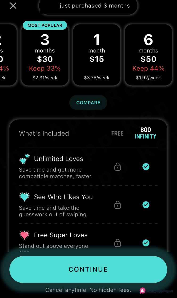 Boo Infinity displays a one-month plan for $15.