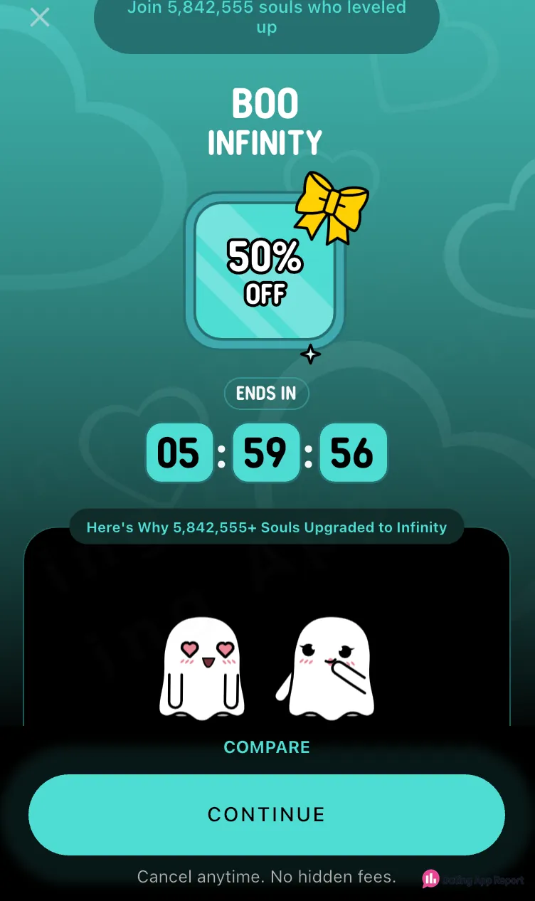 Boo Infinity upgrade offer showing 50% off, a countdown timer, and a Continue button with "Cancel anytime."